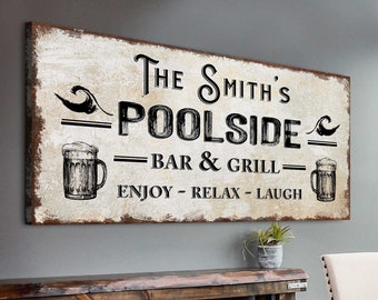 Poolside Bar and Grill Sign | BBQ Sign Grill Master Gift | Outdoor Signs Bar and Grill | Pool Decor Wall Art | Bar Sign Wall Decor