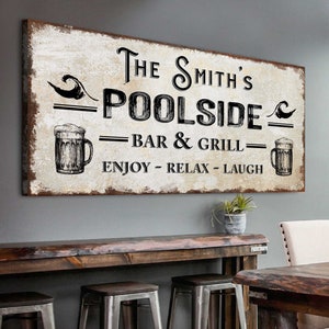Poolside Bar and Grill Sign | BBQ Sign Grill Master Gift | Outdoor Signs Bar and Grill | Pool Decor Wall Art | Bar Sign Wall Decor