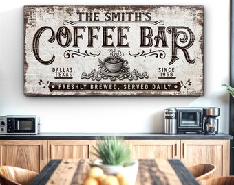May include: A rustic wooden sign with white paint and black lettering that reads "The Smith's Coffee Bar" with the text "Dallas, Texas" and "Since 1968" below the main text. The sign also features a stylized coffee cup with steam rising from it and coffee beans surrounding the cup.