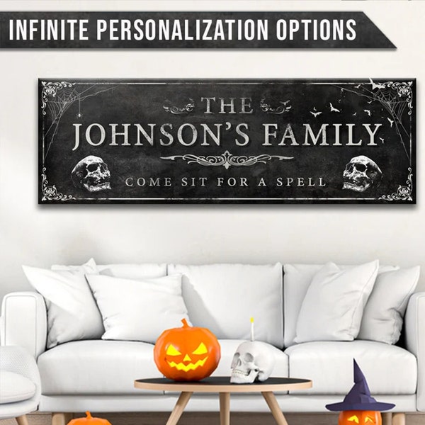 Halloween Sign Family Name Custom, Gothic Skull Decor Halloween Art, Halloween Gift, Personalized Holloween Wall Decor, Gothic Art Print
