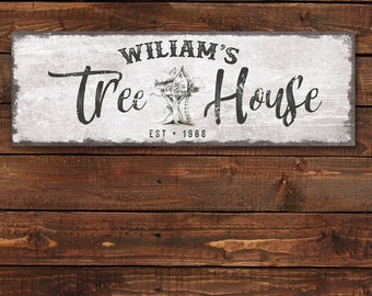 Treehouse Sign | Living Room Wall Art | Tree House Wall Decor | Rustic Canvas Home Decor | Custom Outdoor Sign | Family Name Sign