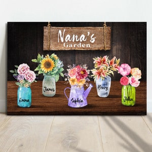 May include: A wooden sign with the text "Nana's Garden" hangs above five jars filled with colorful flowers. The jars are labeled "Emma", "James", "Sophia", "Henry", and "John".