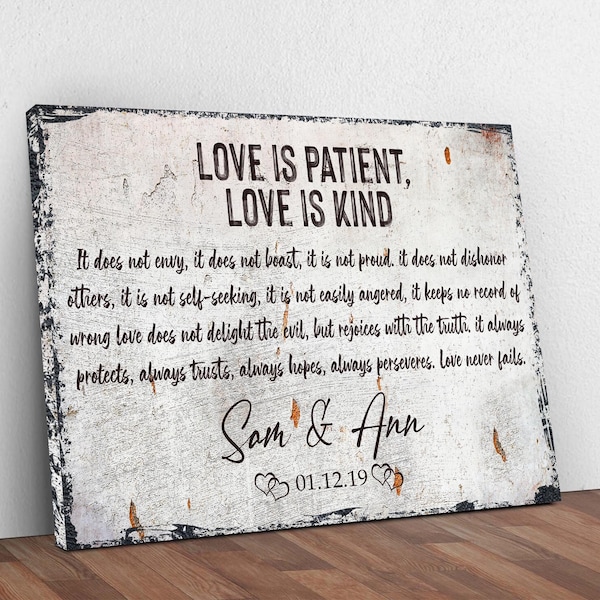Love Is Patient Love Is Kind Sign Wall Art | Personalized Couple Name Sign Decor | Vintage Wedding Anniversary Gift For Couple | Newly Wed