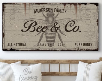 Honey Sign | Bee Decor | Custom Canvas Bee Farm Sign | Farmhouse Wall Decor | Family Name Sign Rustic Wall Art | Beekeeper Business Sign