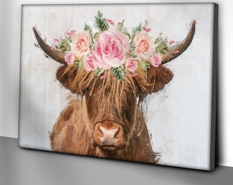 Highland Cow Flower Crown | Cow Flower Crown Portrait Wall Art | Highland Cow Print Wall Decor | Animal Portrait Canvas Farmhouse Decor