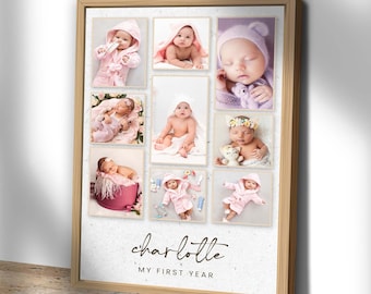 Könnte beinhalten: Eine Collage mit Fotos eines Babys in verschiedenen Posen und Outfits. Die Fotos sind in einem Raster angeordnet und von einem Holzrahmen umgeben. Der Text "charlotte" und "MY FIRST YEAR" ist unter den Fotos gedruckt.