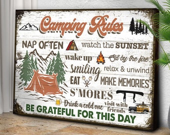 Camping Rules Signs, Vintage Camping Rules Wall Art, Funny Camper Decor - Camper Art - RV Sign, Nap Often-Watch The Sunset-Sit By The Fire