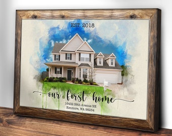 Retrato de casa personalizado / Arte mural con retrato de casa / Decoración de pared como regalo para la primera casa / Regalo personalizado para la casa / Lienzo con retrato en acuarela