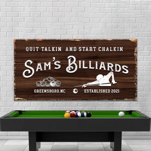 Billiard Sign | Personalized Playroom Wall Art | Pool Table Sign Gift For Him | Custom Name Billiard Art Canvas | Rustic Game Room Sign