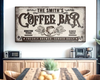 May include: A vintage-style sign for The Smith's Coffee Bar, featuring a brown coffee cup with steam, coffee beans, and the text "Freshly brewed, served daily". The sign also includes the location "Houston, Texas" and the year "2024".