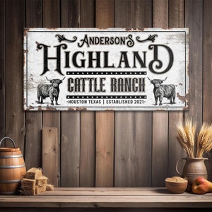 Highland Cow Sign | Cattle Ranch Canvas Sign | Farmhouse Cattle Sign Wall Decor | Family Names Sign  Wall Art | Cow Sign Farm Wall Decor