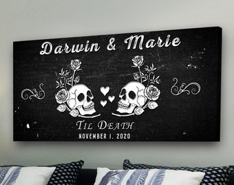 Gothic Wall Art Couple Skull, Vintage Halloween Sign, Halloween Artwork Skeleton Decor, Personalized Halloween Gift, Gothic Halloween Sign