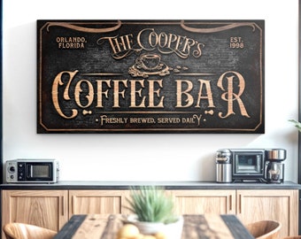 Vintage Coffee Bar Sign | Kitchen Coffee Sign Canvas | Coffee Bar Wall Decor | Custom Coffee Bar Decor | Custom Name Sign | Sign Coffee Bar