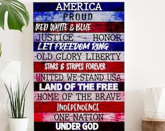 4th Of July Wall Art | Red White Blue America Sign | Living Room Wall Decor | Patriotic Canvas | Gift For Veterans | Independence Day Decor