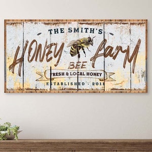 Bee Farm Sign | Honey Sign | Farmhouse Wall Decor | Family Name Sign Custom Canvas | Honey Bee Decor | Rustic Wall Art | Beehive Sign