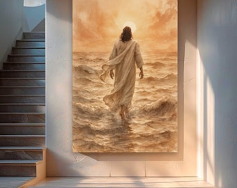 May include: A sepia-toned canvas print depicts a figure walking on water towards a setting sun. The figure is wearing a long, flowing robe. The water is choppy, and the sky is filled with clouds.