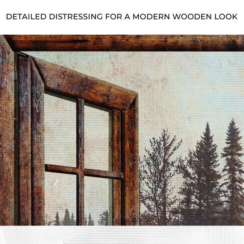 May include: A close-up of a wooden window frame with a view of a forest through the window panes. The window frame is distressed and has a rustic look. The forest is silhouetted against a cloudy sky.
