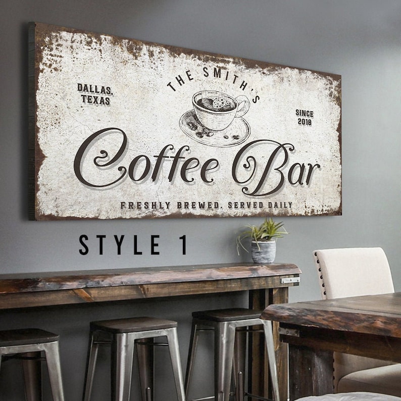 Coffee Bar Station rustic wall art décor of personalized name and custom freshly brewed coffee beans quote with stenciled coffee cup icon on a vintage white canvas.