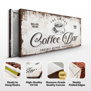 May include: A white canvas print with a vintage-style design featuring the text "The Smith's Coffee Bar" with a cup of coffee and the words "Dallas, Texas" and "Since 2018". The print has a distressed, rusty look and the text "Freshly Brewed. Served Daily" is at the bottom.