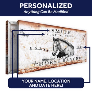 May include: A white canvas print with a rustic, aged metal look. It features a black and white drawing of a horse's head, the text "SMITH AUSTIN, TEXAS EST 2015 HORSE RANCH", and a star. The print is personalized with a name, location, and date.
