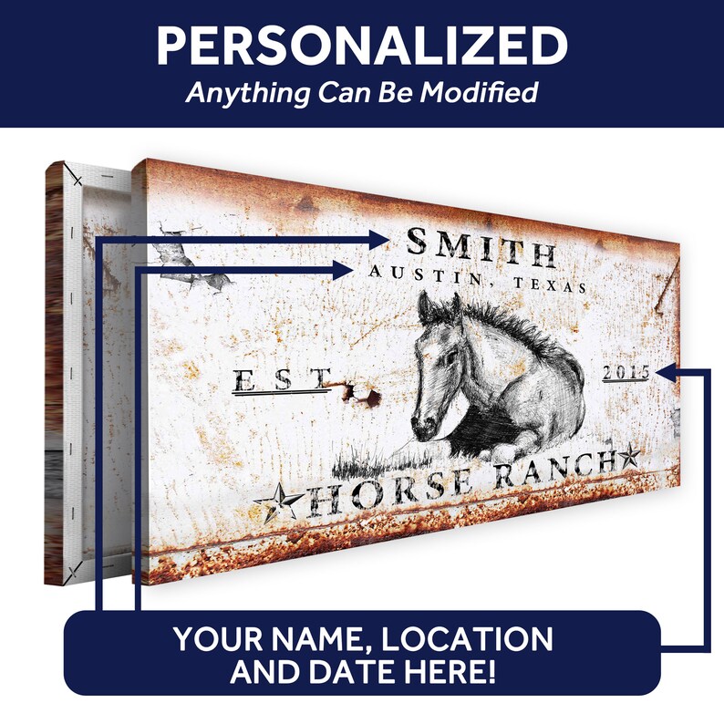 May include: A white canvas print with a rustic, aged metal look. It features a black and white drawing of a horse's head, the text "SMITH AUSTIN, TEXAS EST 2015 HORSE RANCH", and a star. The print is personalized with a name, location, and date.
