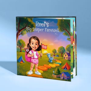 May include: A children's book titled "Reef's Big Diaper Farewell" features a cartoon illustration of a young girl holding a flag that says "Potty Hero." The cover art depicts a colorful outdoor scene with a tent, houses, and a path of rings.