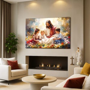 May include: A framed canvas print depicting a religious scene. The artwork shows a figure in white and red robes surrounded by three children in a garden setting with colorful flowers. The image is displayed above a fireplace.