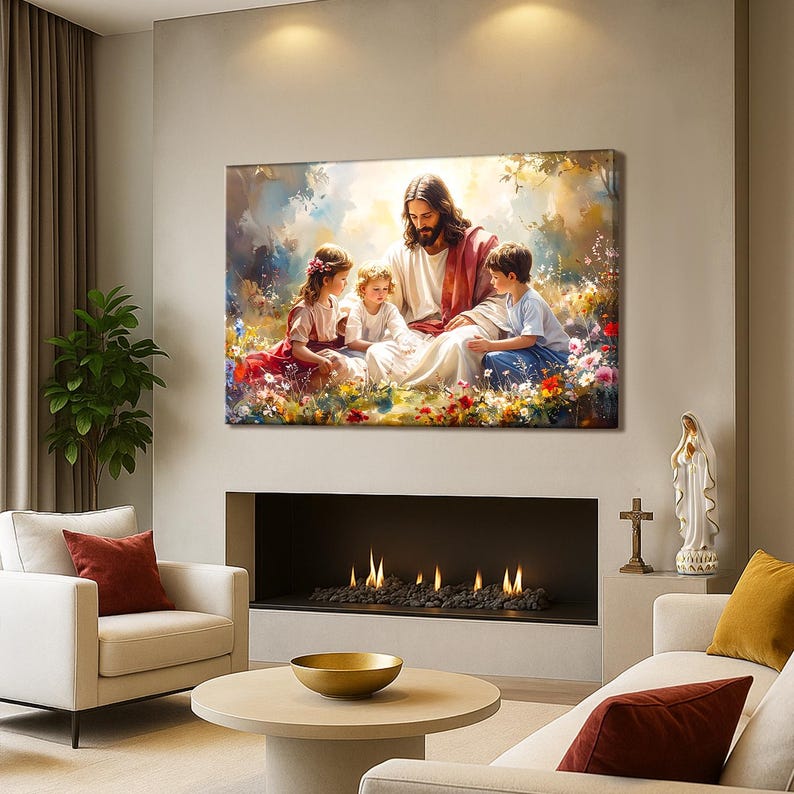 May include: A framed canvas print depicting a religious scene. The artwork shows a figure in white and red robes surrounded by three children in a garden setting with colorful flowers. The image is displayed above a fireplace.