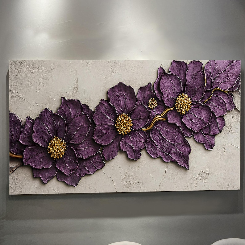 Purple Flower Plaster Wall Art | Purple Floral Canvas Art | Modern ...