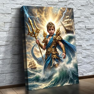 May include: A canvas print depicts a young person as a sea god, holding a golden trident. The artwork features a blue and gold color scheme, with crashing waves and a ship in the background. Lightning streaks across the sky.