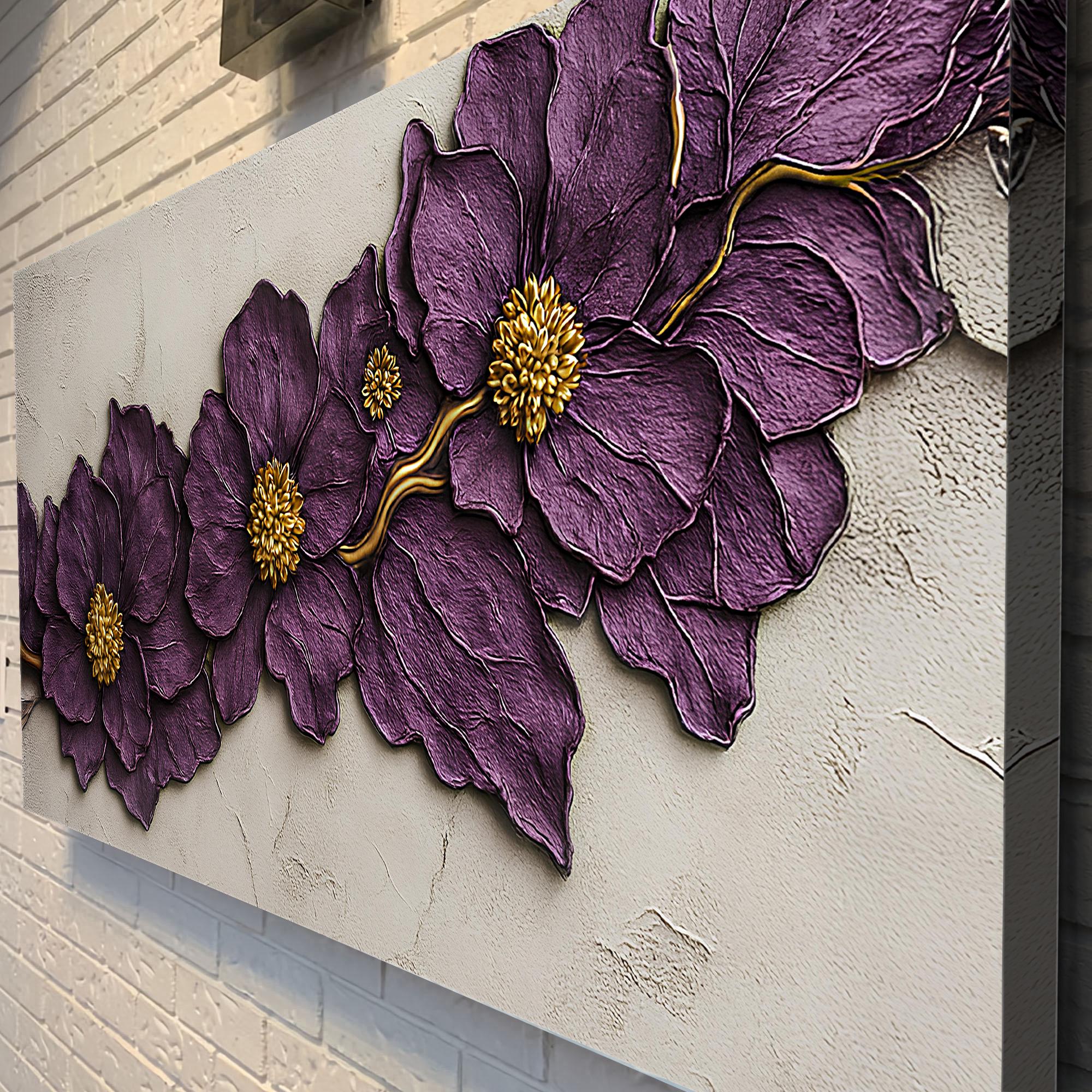 Purple Flower Plaster Wall Art | Purple Floral Canvas Art | Modern ...