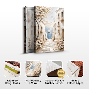 May include: A textured canvas wall art print featuring a Mediterranean coastal scene with white buildings, stone pathways, blooming flowers, and a sailboat on the blue sea. The product includes ready-to-hang hooks, UV ink, and folded edges.