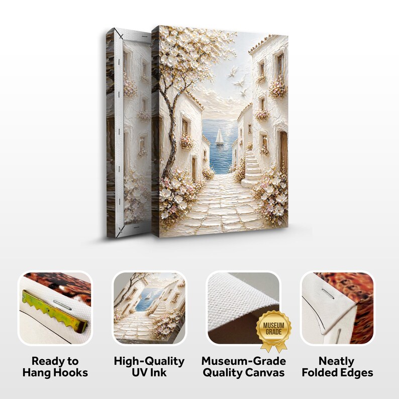 May include: A textured canvas wall art print featuring a Mediterranean coastal scene with white buildings, stone pathways, blooming flowers, and a sailboat on the blue sea. The product includes ready-to-hang hooks, UV ink, and folded edges.