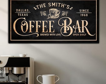 Vintage Coffee Bar Sign Decor | Coffee Bar Decor | Kitchen Coffee Sign Canvas | Custom Coffee Bar Decor | Custom Name Sign | Sign Coffee Bar