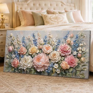 May include: A rectangular canvas painting featuring a thick impasto floral arrangement. The composition displays layered roses and delphiniums in shades of soft pink, cream, peach, and light blue, set against a textured, pale gray background.