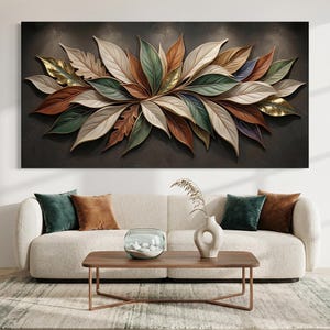 May include: A rectangular wall art piece featuring a horizontal arrangement of layered, stylized leaves in shades of cream, sage green, copper, and metallic gold, set against a dark, textured background with subtle lighting effects.