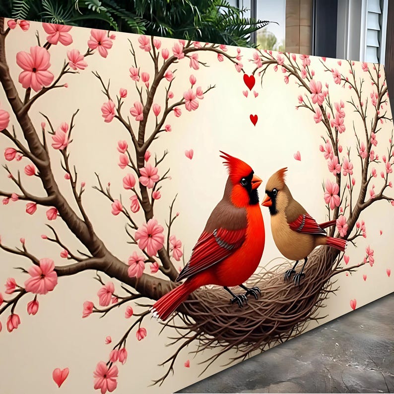 May include: Two red cardinals perched on a nest in a cherry blossom tree. The birds are surrounded by pink blossoms and hearts.
