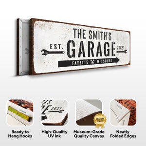 Puede incluir: Un letrero de lona blanco con texto negro que dice "The Smith's Garage Est. 2021 Fayette Missouri". El letrero tiene un aspecto desgastado y presenta un gr&aacute;fico de llave inglesa. El letrero est&aacute; listo para colgar con ganchos de sierra.
