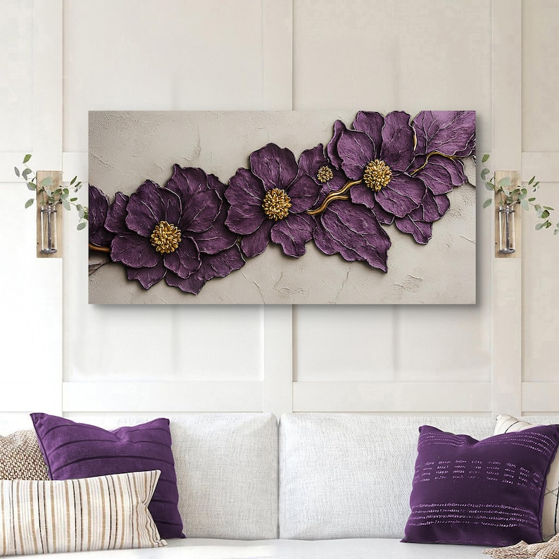 Purple Flower Plaster Wall Art | Purple Floral Canvas Art | Modern ...