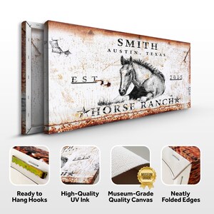 May include: Rustic white canvas wall art with a black and white drawing of a horse. The text "SMITH AUSTIN, TEXAS EST 2015 HORSE RANCH" is printed on the canvas. The canvas has a distressed, rusty metal look.