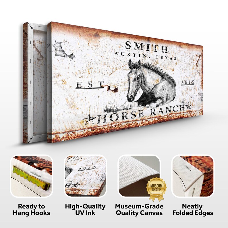 May include: Rustic white canvas wall art with a black and white drawing of a horse. The text "SMITH AUSTIN, TEXAS EST 2015 HORSE RANCH" is printed on the canvas. The canvas has a distressed, rusty metal look.