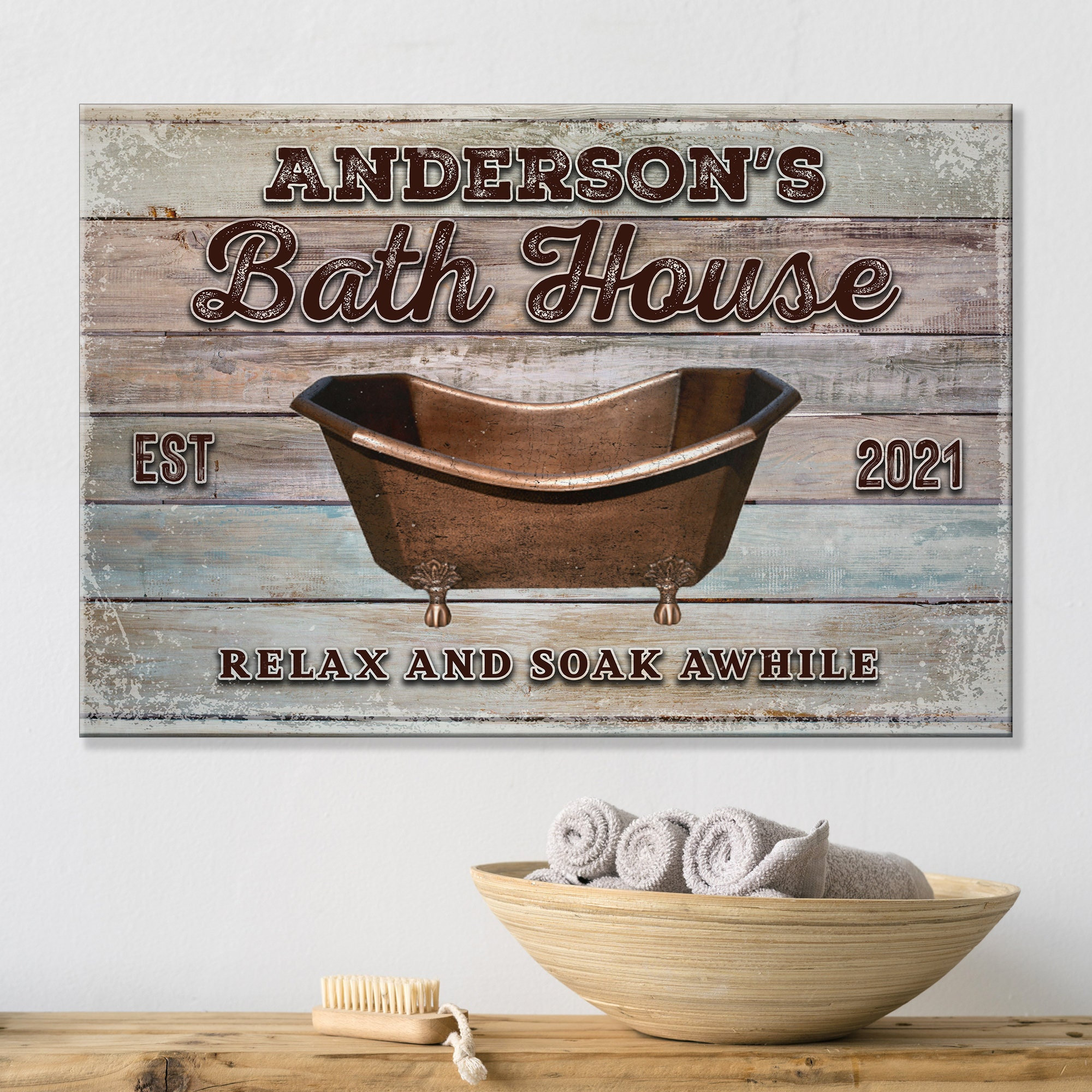 Personalized Bath House Sign, Vintage Farmhouse Bathroom Wall Art ...