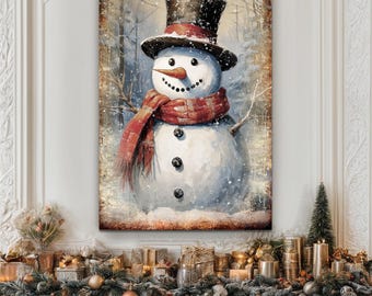 Vintage Snowman Christmas Wall Art | Snowman Christmas Canvas Print | Winter Holiday Decor | Rustic Christmas Home Decor | Christmas Gift