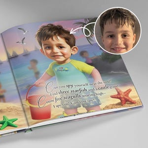 May include: A children's book illustration featuring a cartoon boy on a beach. The boy holds a red bucket and is surrounded by starfish and seagulls. Text on the page reads, "Can you spy yourself near the sand? Find three starfish and a castle grand!"
