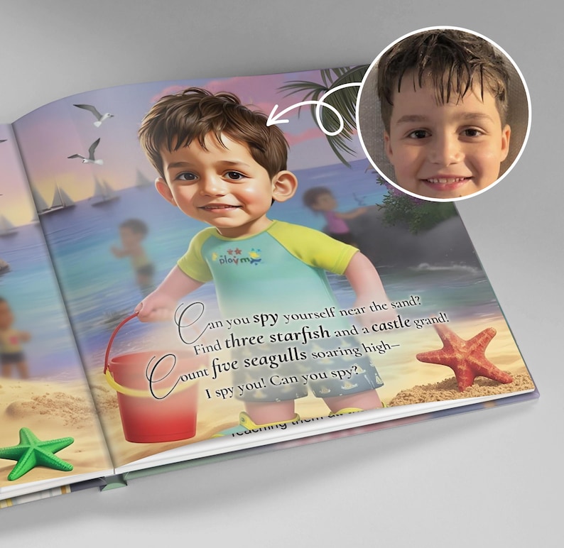 May include: A children's book illustration featuring a cartoon boy on a beach. The boy holds a red bucket and is surrounded by starfish and seagulls. Text on the page reads, "Can you spy yourself near the sand? Find three starfish and a castle grand!"