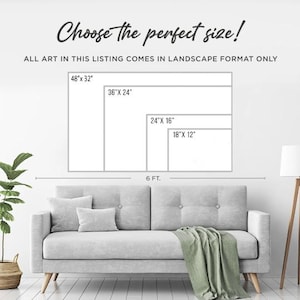 May include: A diagram showing different sizes of art prints available for purchase. The sizes are 48 inches by 32 inches, 36 inches by 24 inches, 24 inches by 16 inches, and 18 inches by 12 inches. The diagram shows the prints above a gray couch.