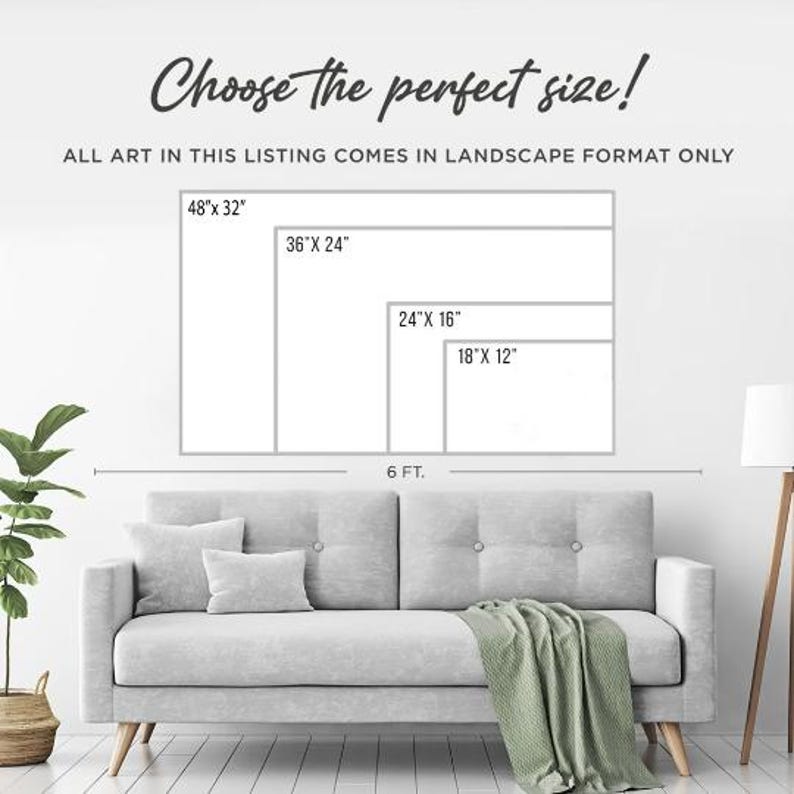 May include: A diagram showing different sizes of art prints available for purchase. The sizes are 48 inches by 32 inches, 36 inches by 24 inches, 24 inches by 16 inches, and 18 inches by 12 inches. The diagram shows the prints above a gray couch.