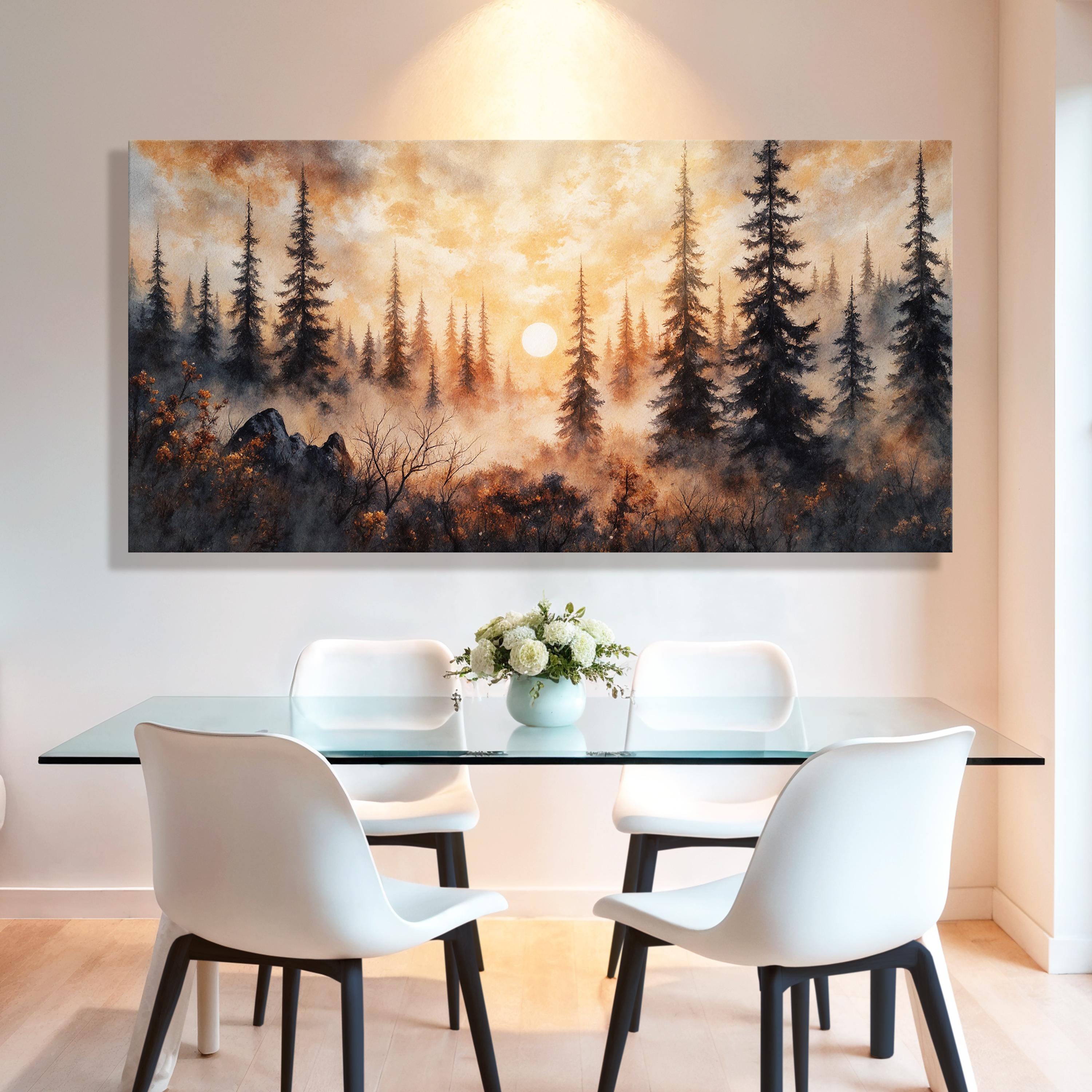 Rustic Forest Sunset Wall Art | Forest Sunset Canvas Wall Art | Misty ...