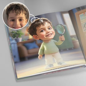 May include: A digitally illustrated image of a young boy holding a magnifying glass. The boy is wearing a light green shirt and khaki pants. A smaller image of the boy's face is in the upper left corner. The background shows a room with furniture.