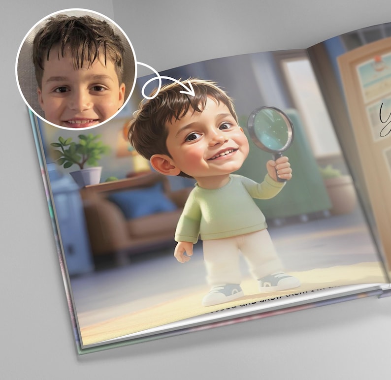 May include: A digitally illustrated image of a young boy holding a magnifying glass. The boy is wearing a light green shirt and khaki pants. A smaller image of the boy's face is in the upper left corner. The background shows a room with furniture.